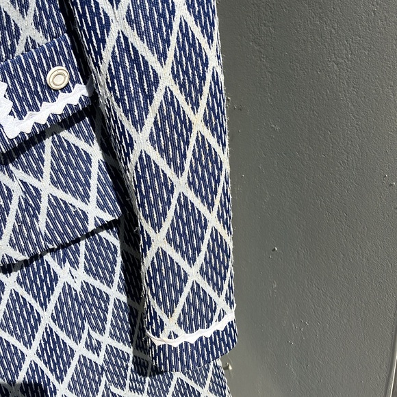 Vintage 60s 70s Navy and White Diamond Print Jacket and Dress Set - Picture 5 of 13
